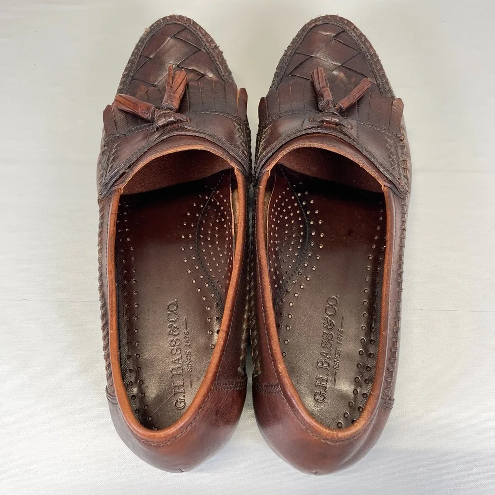 Bass Kiltie Tassel Loafers Mens Size 10M Brown Leather Woven Moc Toe Dress Shoes_6